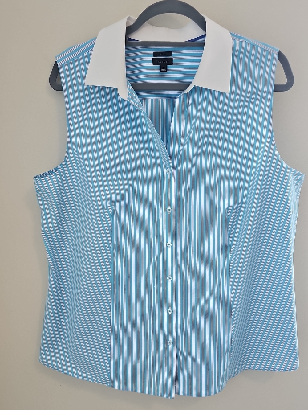 Talbots Non Iron Blue Castline Stripe Sleeveless Button-Down Top White Collar 16